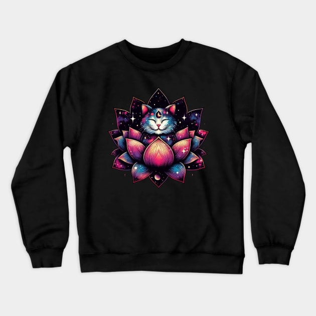 Colorful Abstract Cosmic Cat in Lotus Flower Crewneck Sweatshirt by TomFrontierArt